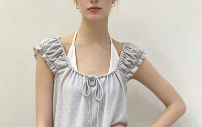 Cap Sleeve Scoop Neck Ruffled Trim Top with Halter Neck Tank Set