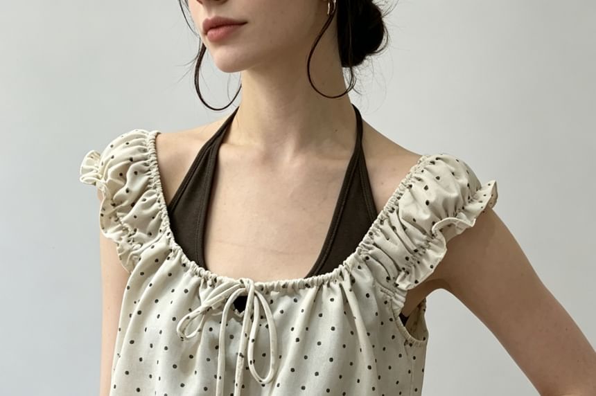 Set: Cap Sleeve Scoop Neck Ruffled-Trim Dotted Slim-Fit Top + Halter Neck  Plain Tank Top