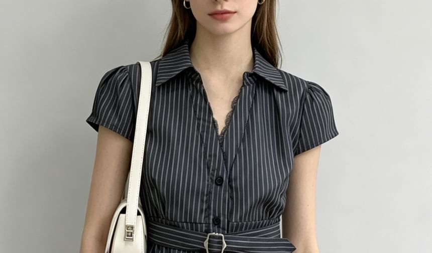 Short Sleeve V-Neck Lace-Trim Striped Tie-Waist Slim-Fit Shirt