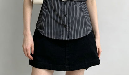 V-Neck Striped Tie-Waist Short Sleeve Shirt with Lace Trim - Slim Fit