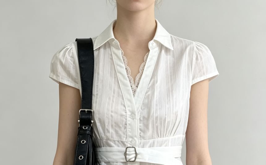 Short Sleeve V-Neck Lace-Trim Striped Tie-Waist Slim-Fit Shirt