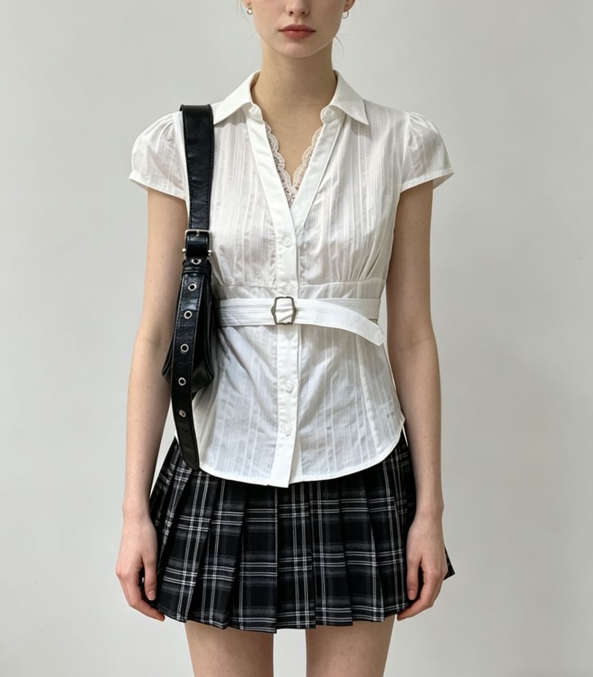 V-Neck Striped Tie-Waist Short Sleeve Shirt with Lace Trim - Slim Fit