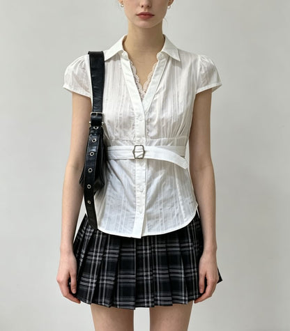 V-Neck Striped Tie-Waist Short Sleeve Shirt with Lace Trim - Slim Fit