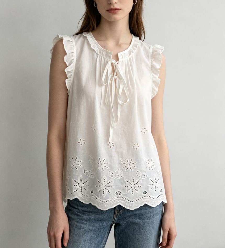 Scoop Neck Ruffled-Trim Tie-Front Eyelet Loose-Fit Tank Top
