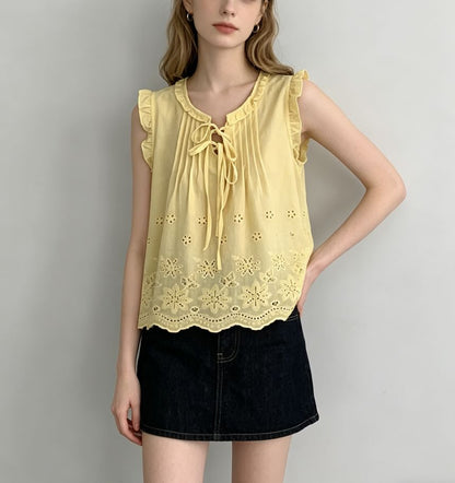 Scoop Neck Ruffled-Trim Tie-Front Eyelet Loose-Fit Tank Top