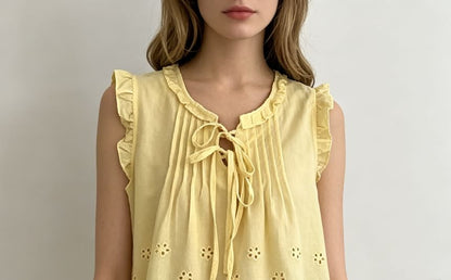 Scoop Neck Ruffled-Trim Tie-Front Eyelet Loose-Fit Tank Top