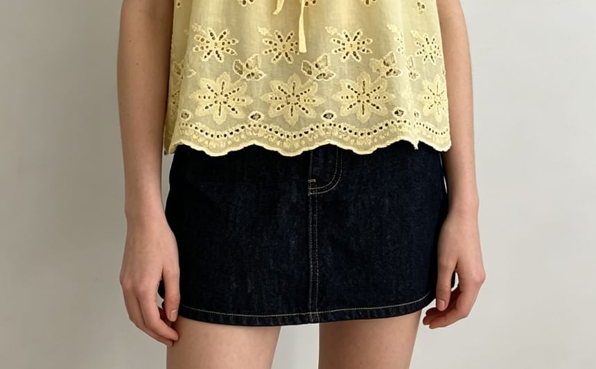 Scoop Neck Ruffled-Trim Tie-Front Eyelet Loose-Fit Tank Top