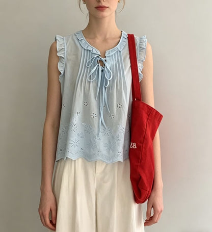 Scoop Neck Ruffled-Trim Tie-Front Eyelet Loose-Fit Tank Top