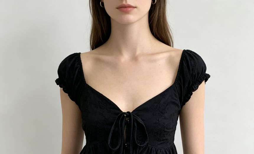 Puff Sleeve Sweetheart Neckline Plain Tie-Front Ruffled Hem Blouse