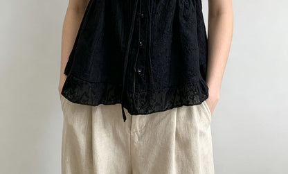 Puff Sleeve Sweetheart Neckline Blouse with Tie-Front Ruffled Hem