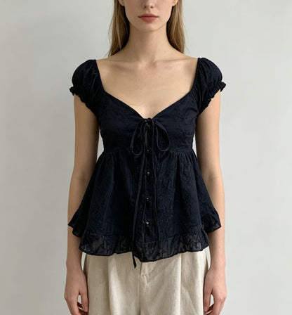 Puff Sleeve Sweetheart Neckline Blouse with Tie-Front Ruffled Hem