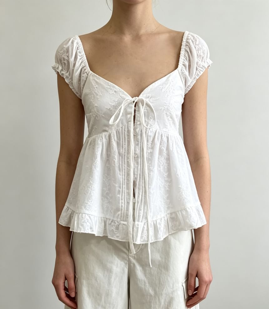 Puff Sleeve Sweetheart Neckline Plain Tie-Front Ruffled Hem Blouse