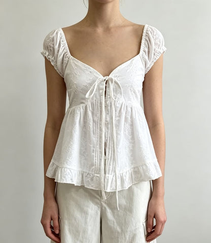 Puff Sleeve Sweetheart Neckline Plain Tie-Front Ruffled Hem Blouse