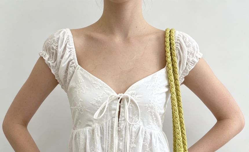 Puff Sleeve Sweetheart Neckline Blouse with Tie-Front Ruffled Hem