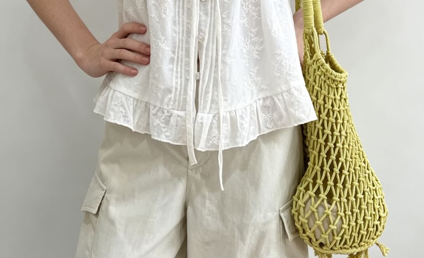 Puff Sleeve Sweetheart Neckline Blouse with Tie-Front Ruffled Hem