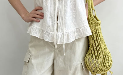 Puff Sleeve Sweetheart Neckline Blouse with Tie-Front Ruffled Hem