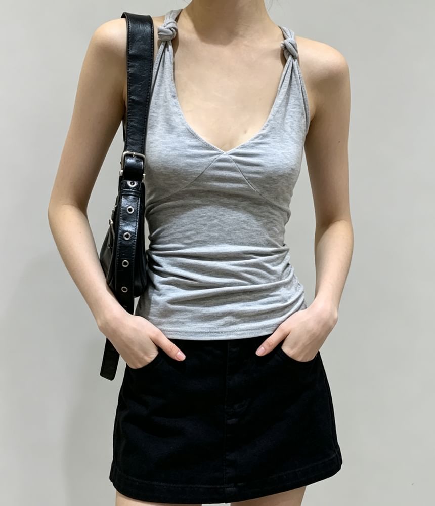 V-Neck Knotted Strap Plain Slim-Fit Tank Top