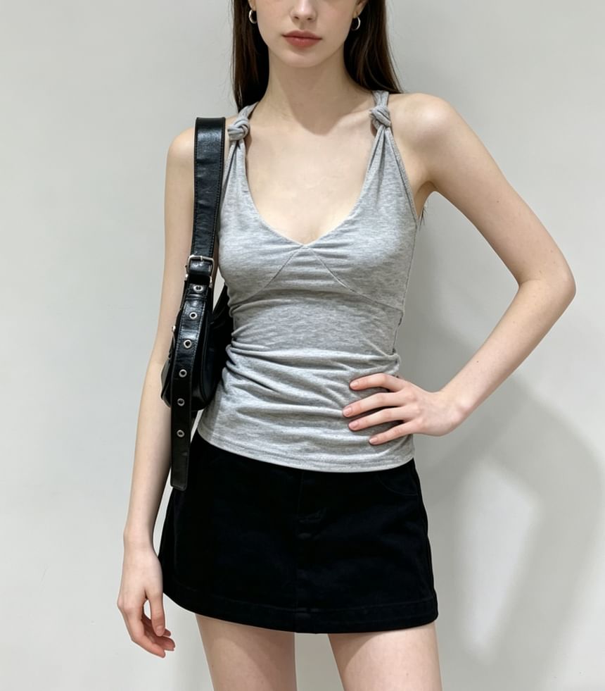 V-Neck Knotted Strap Slim-Fit Tank Top - Solid