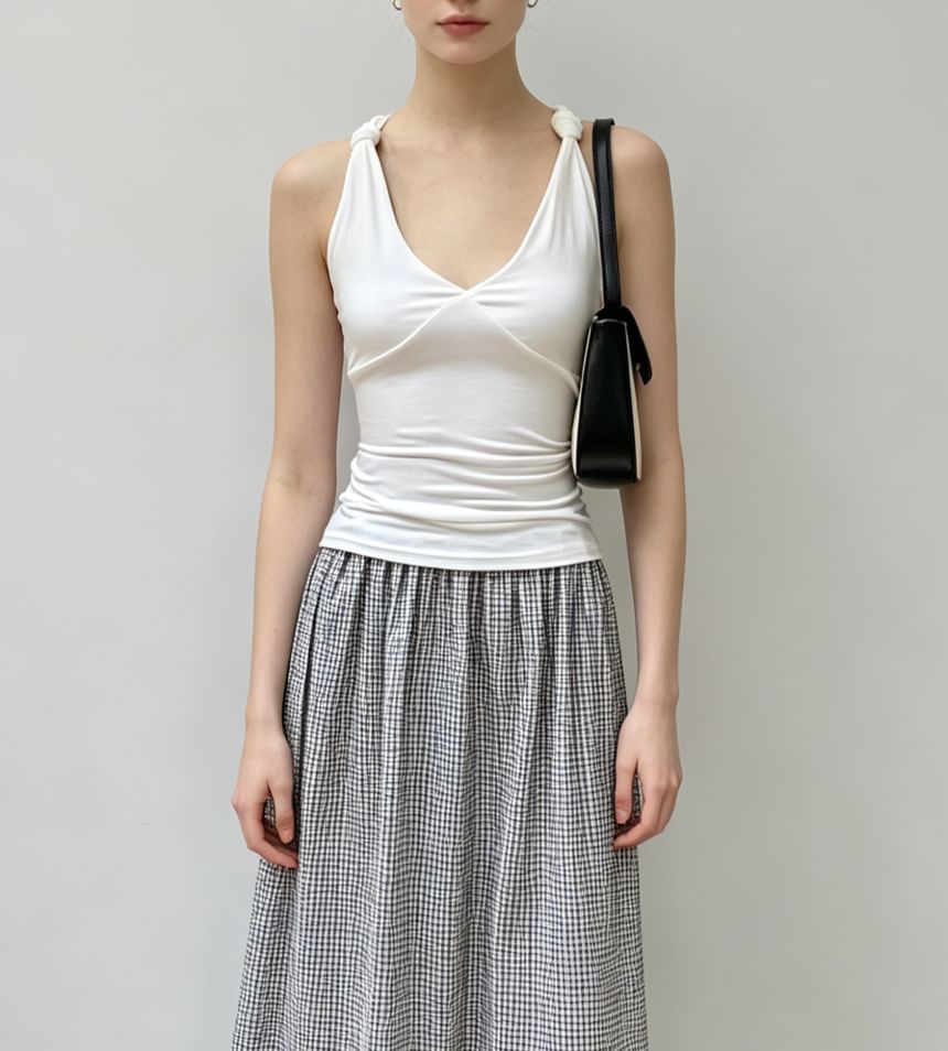 V-Neck Knotted Strap Plain Slim-Fit Tank Top