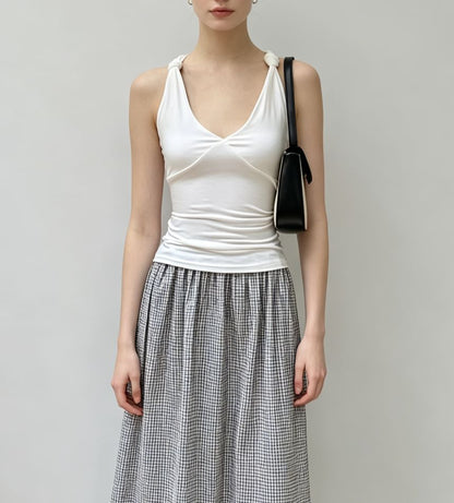 V-Neck Knotted Strap Plain Slim-Fit Tank Top