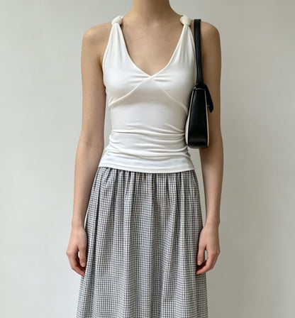 V-Neck Knotted Strap Plain Slim-Fit Tank Top