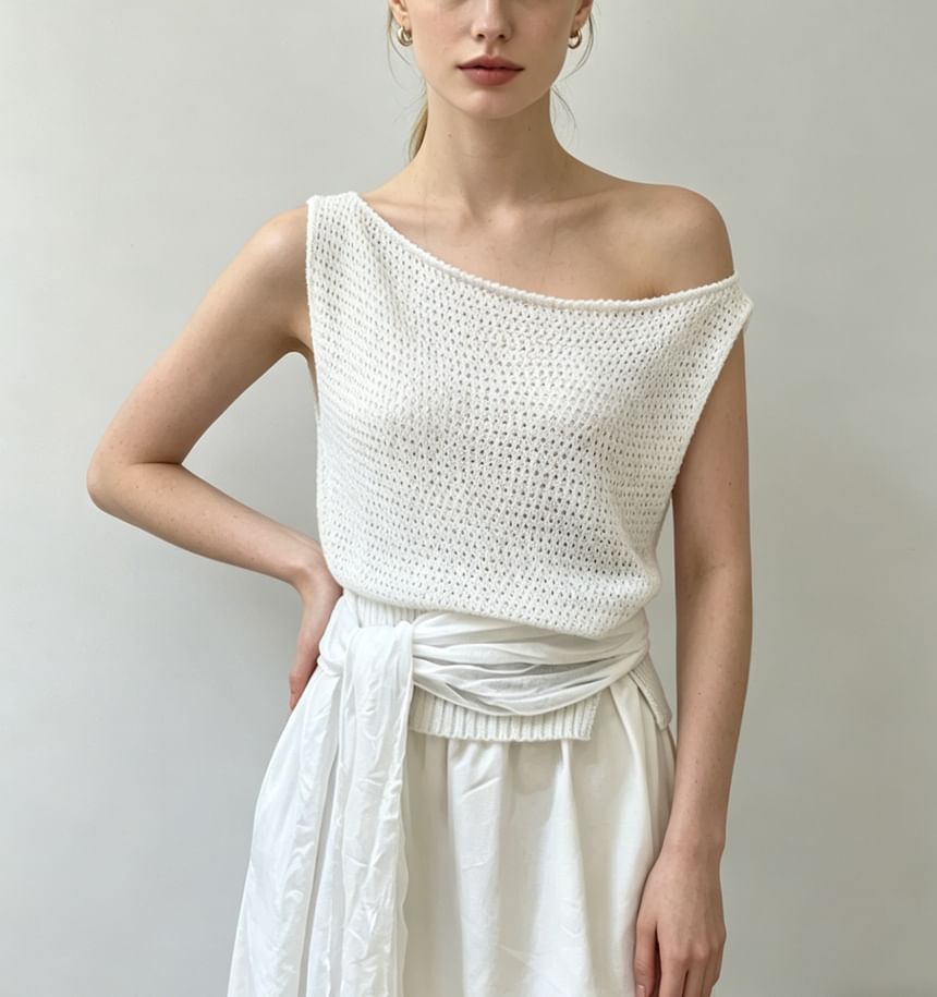 Boat Neck Crochet Knit Tank Top - Plain