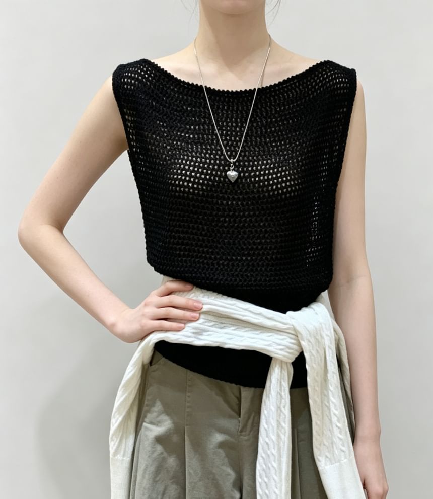 Boat Neck Plain Crochet Knit Tank Top