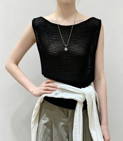 Boat Neck Plain Crochet Knit Tank Top