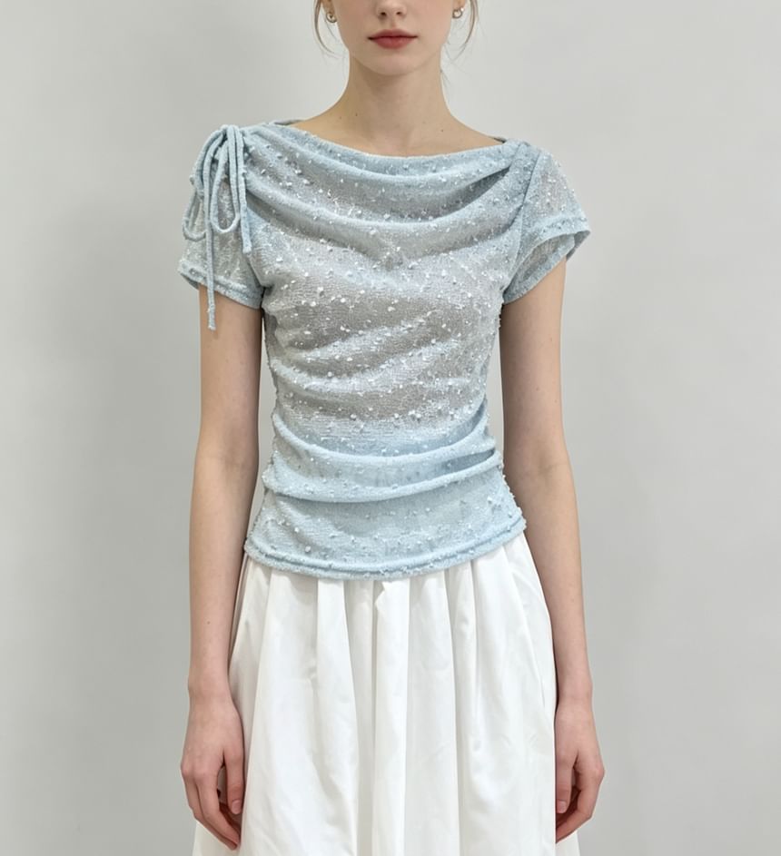 Short Sleeve Cowl Neck Drawstring Lace Slim-Fit Top