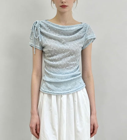 Short Sleeve Cowl Neck Drawstring Lace Slim-Fit Top