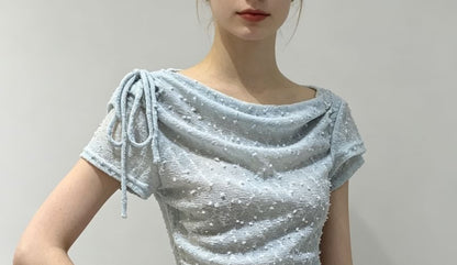 Short Sleeve Cowl Neck Drawstring Lace Slim-Fit Top