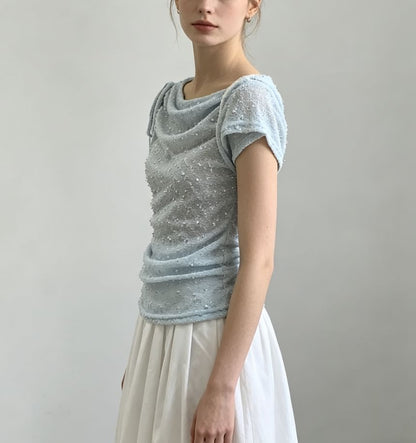 Short Sleeve Cowl Neck Drawstring Lace Slim-Fit Top
