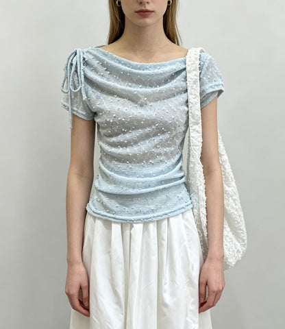Cowl Neck Drawstring Lace Top - Short Sleeve Slim Fit