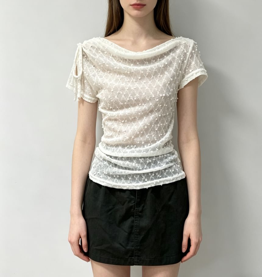Short Sleeve Cowl Neck Drawstring Lace Slim-Fit Top