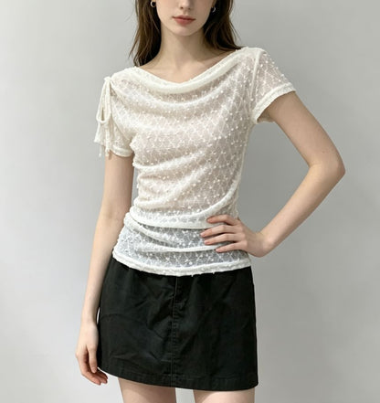 Cowl Neck Drawstring Lace Top - Short Sleeve Slim Fit