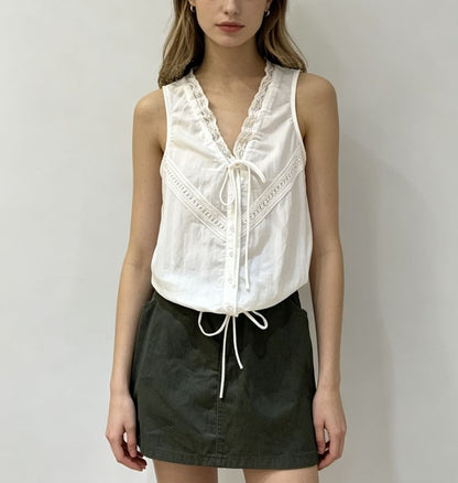 V-Neck Lace-Trim Tie-Front Drawstring Tank Top