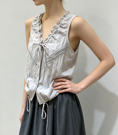 V-Neck Lace-Trim Tie-Front Drawstring Tank Top