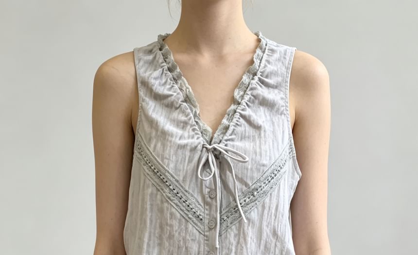 V-Neck Lace Trim Tie-Front Drawstring Tank Top - Solid