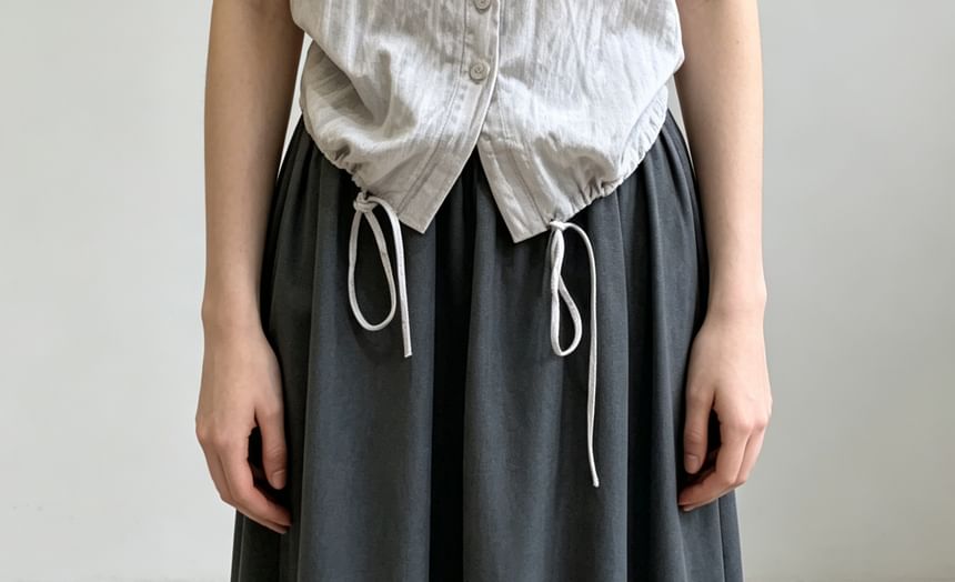 V-Neck Lace Trim Tie-Front Drawstring Tank Top - Solid