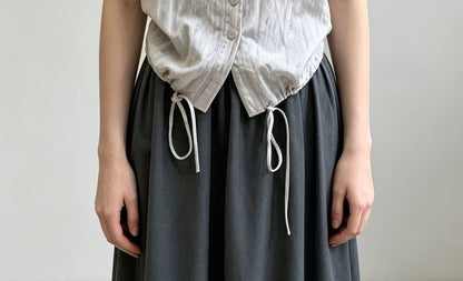 V-Neck Lace Trim Tie-Front Drawstring Tank Top - Solid