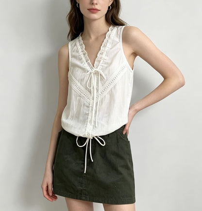V-Neck Lace Trim Tie-Front Drawstring Tank Top - Solid