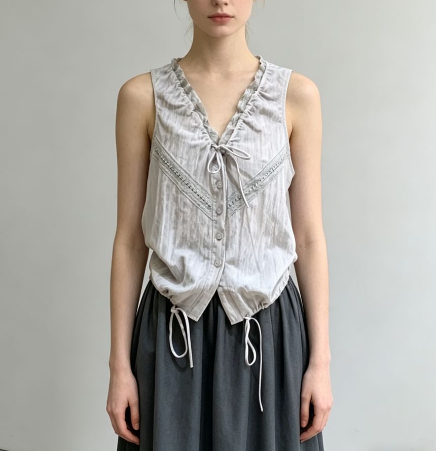V-Neck Lace-Trim Tie-Front Drawstring Tank Top