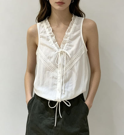 V-Neck Lace-Trim Tie-Front Drawstring Tank Top