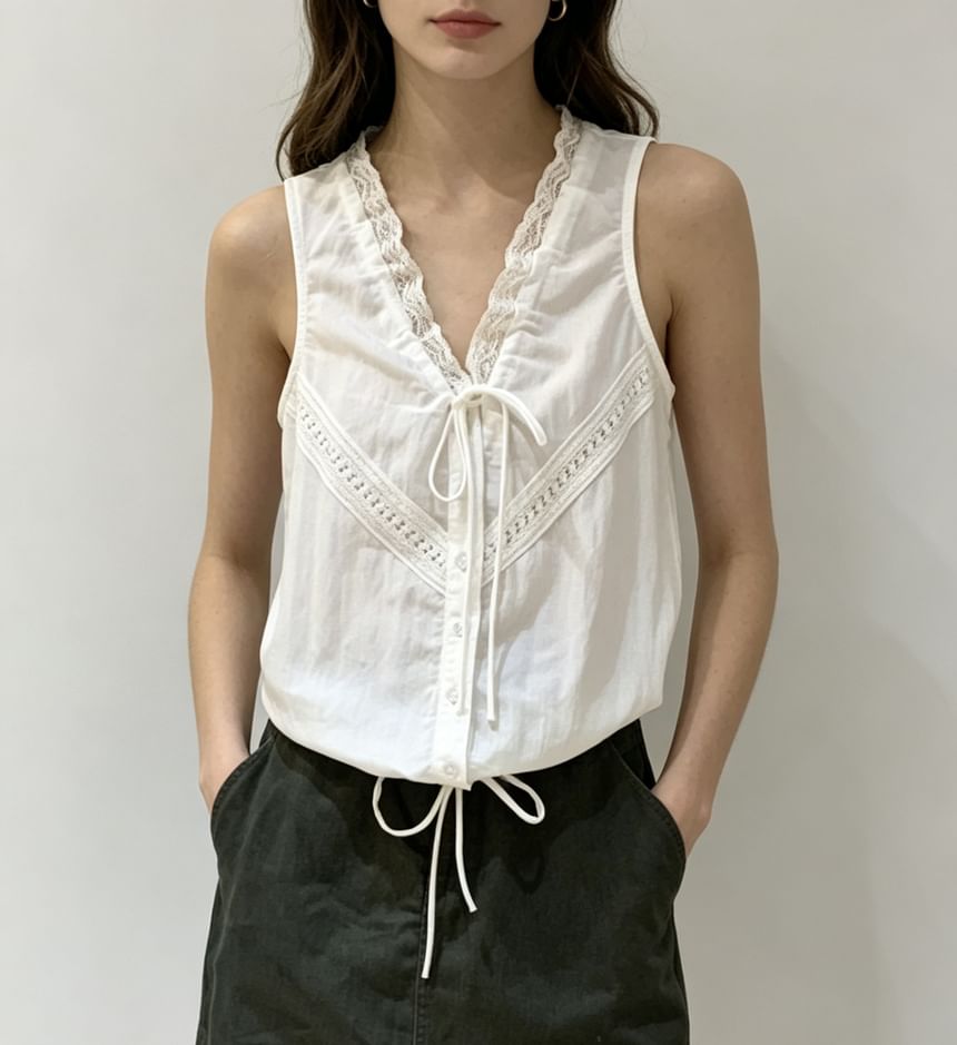 V-Neck Lace Trim Tie-Front Drawstring Tank Top - Solid