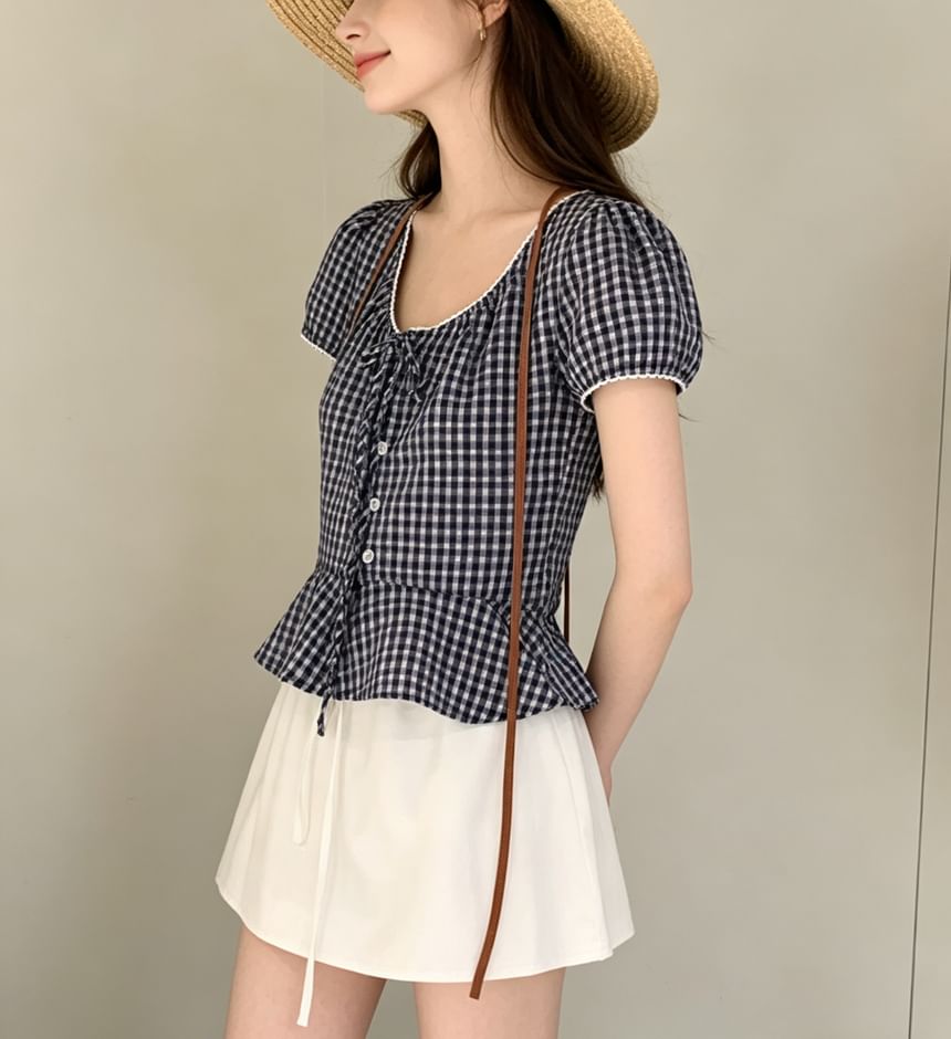 Puff Sleeve V-Neck Gingham Peplum Blouse - Solid