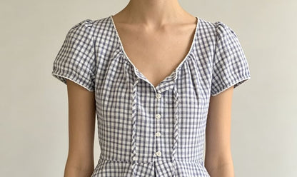 Puff Sleeve V-Neck Gingham Peplum Blouse