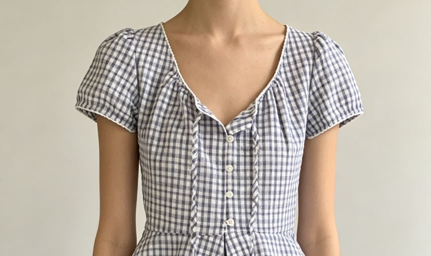 Puff Sleeve V-Neck Gingham Peplum Blouse - Solid