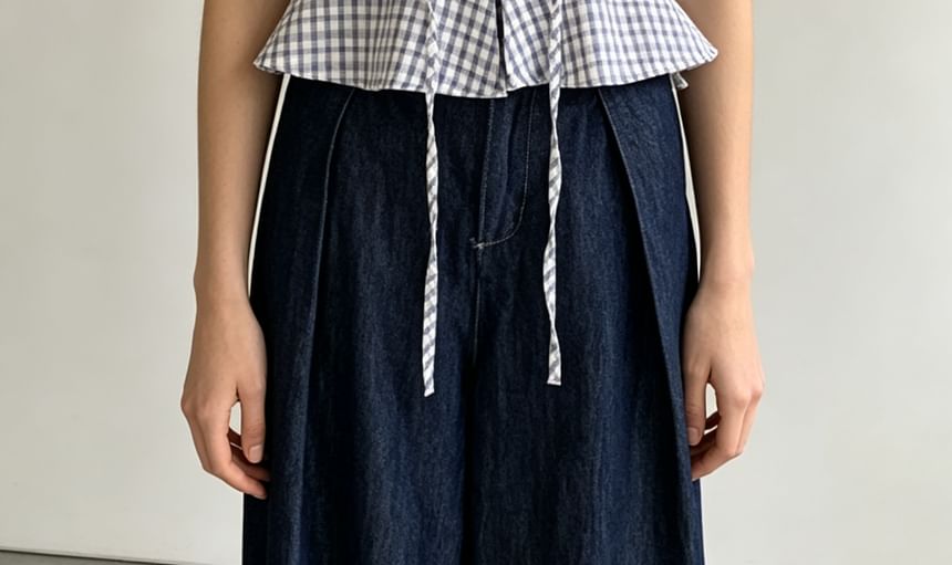 Puff Sleeve V-Neck Gingham Peplum Blouse - Solid