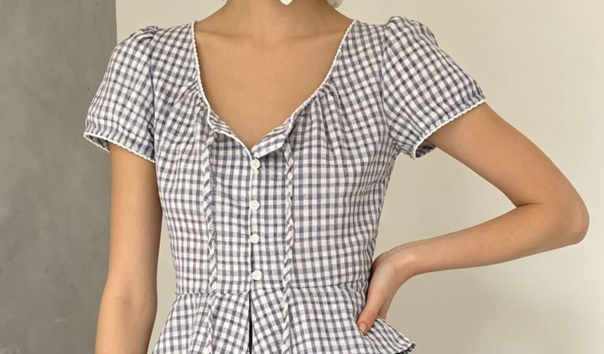 Puff Sleeve V-Neck Gingham Peplum Blouse - Solid