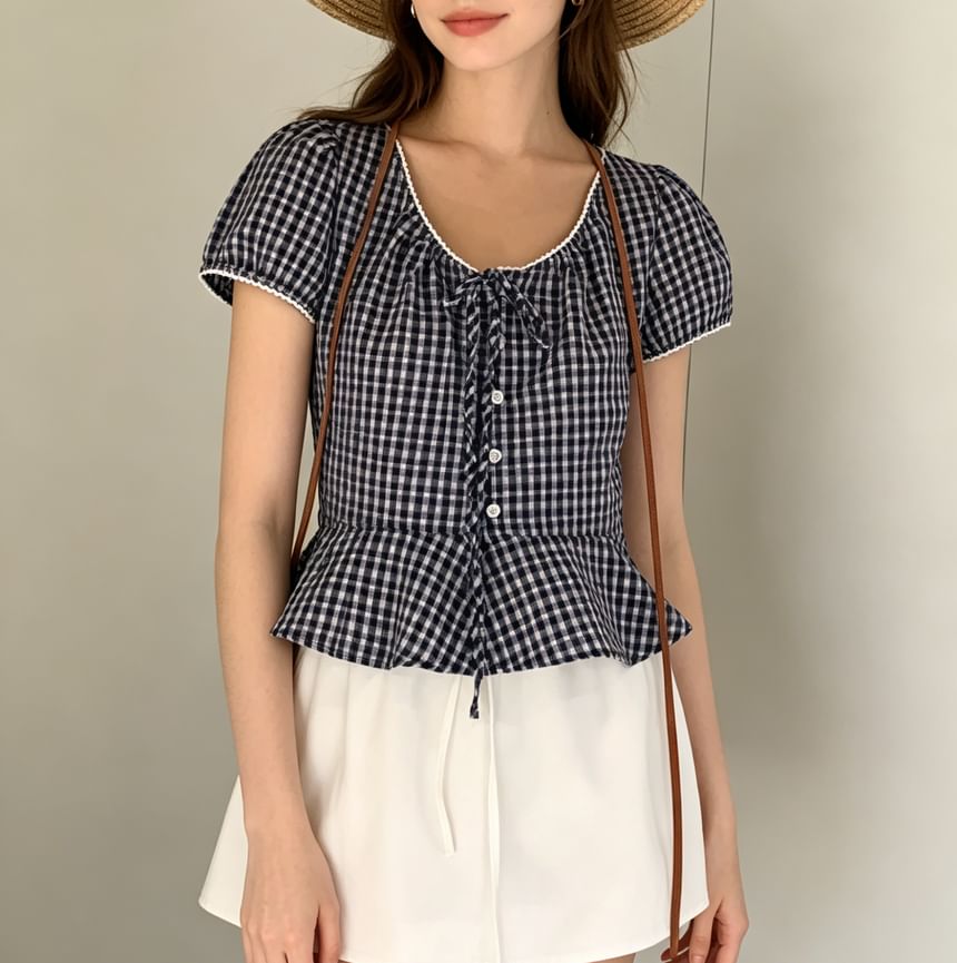 Puff Sleeve V-Neck Gingham Peplum Blouse